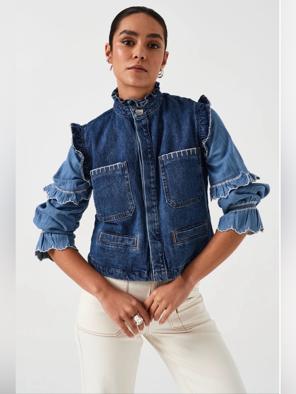 seventy + mochi Denim Ruffle Sleeve Vest - Dark Blue